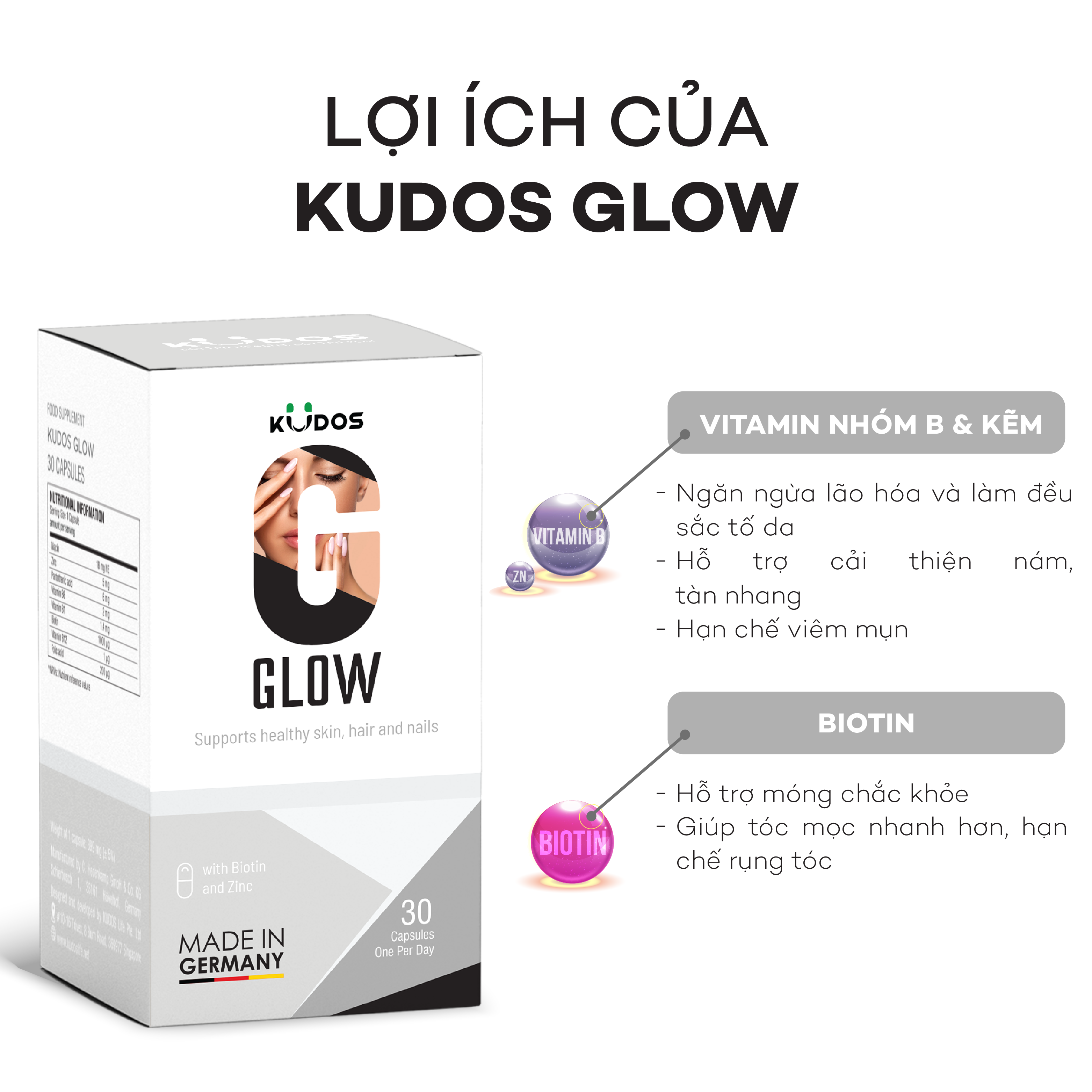 Viên uống Kudos Glow hỗ trợ da, tóc, móng (Hộp 30 viên)-1