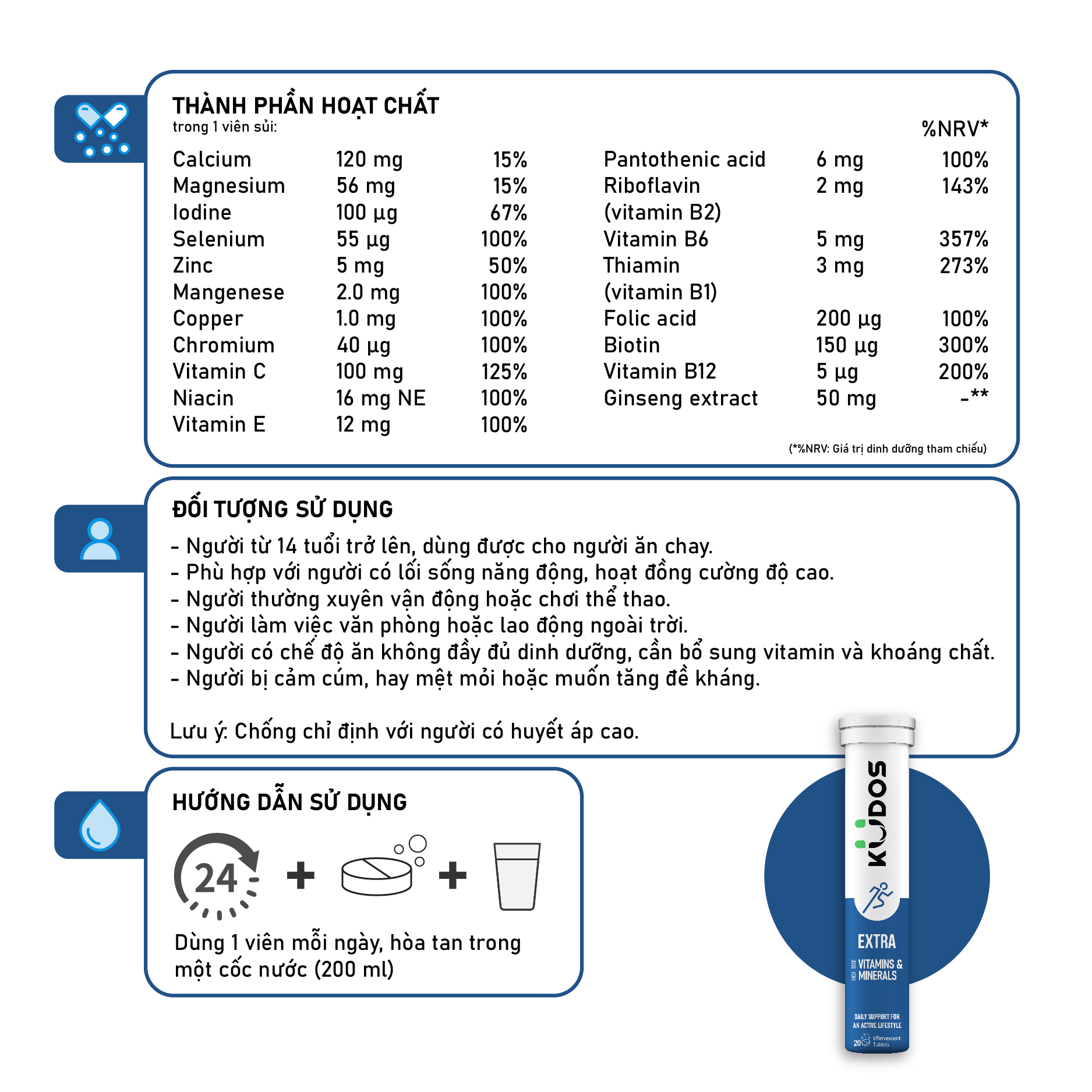 Viên sủi Kudos Extra High Dose Vitamins & Minerals bổ sung năng lượng cơ thể (Tuýp 20 viên)-1